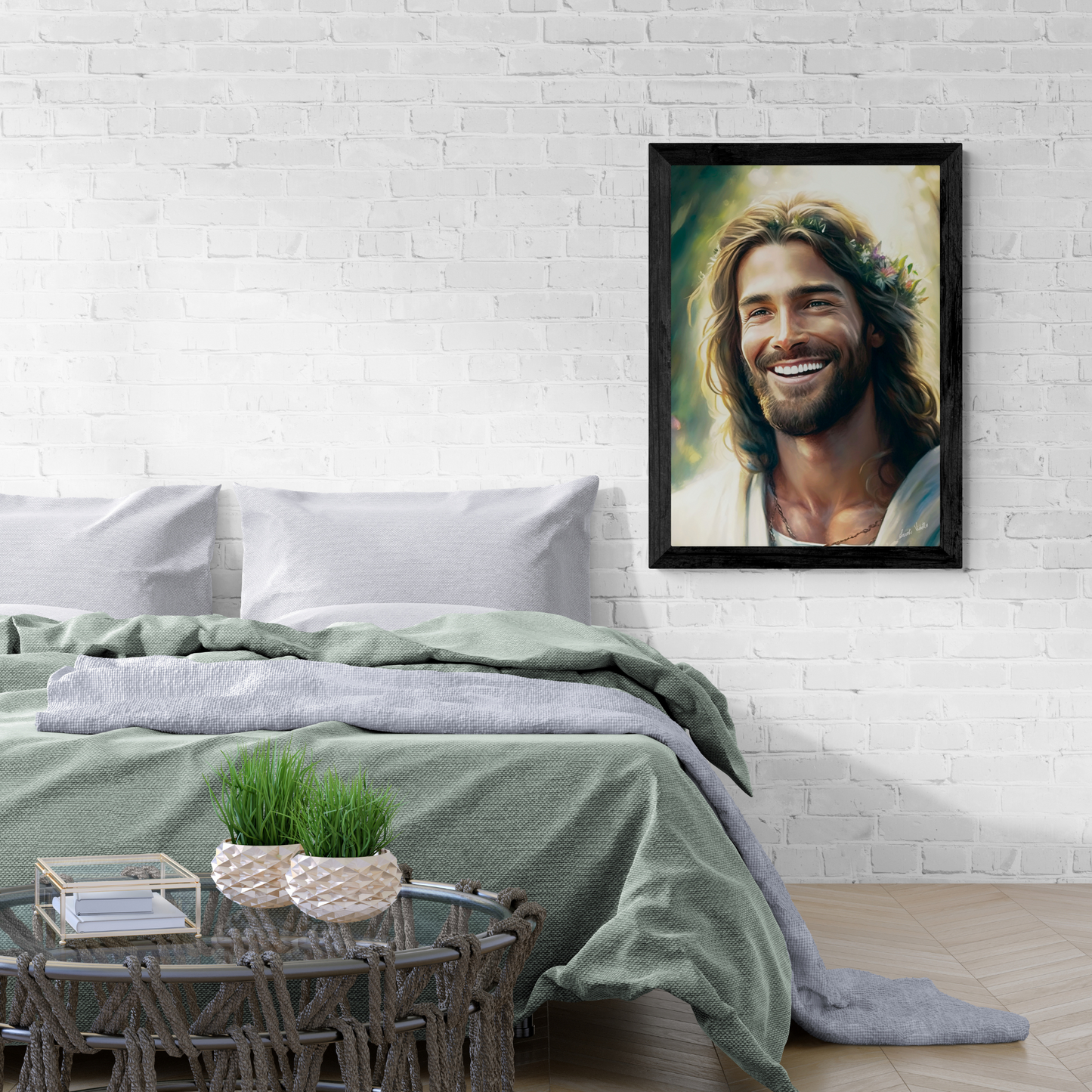 Jesus Amado Wooden Framed Art Work smiling in the middle of nature